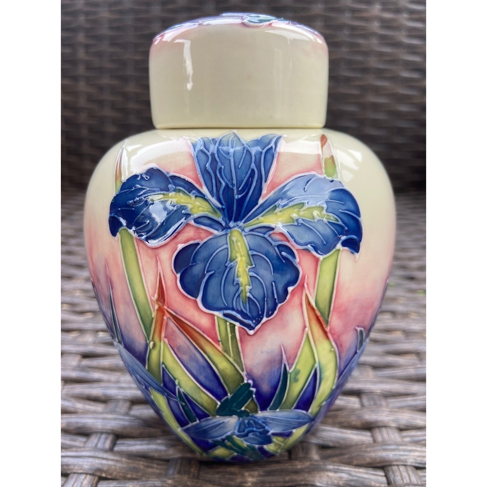 Old Tupton Ware Ginger Jar Hand Painted Blue Iris Floral Ceramic Decorative Vase